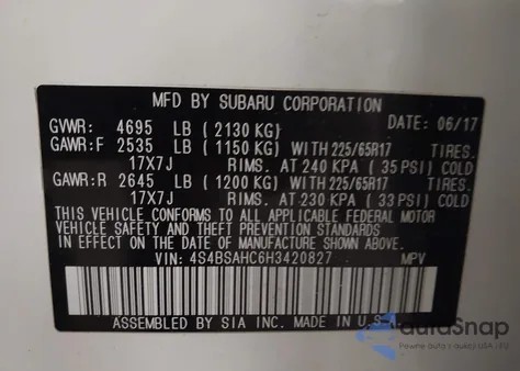 2017 Subaru Outback 2.5I Premium из США, поврежденный, VIN 4S4BSAHC6H3420827